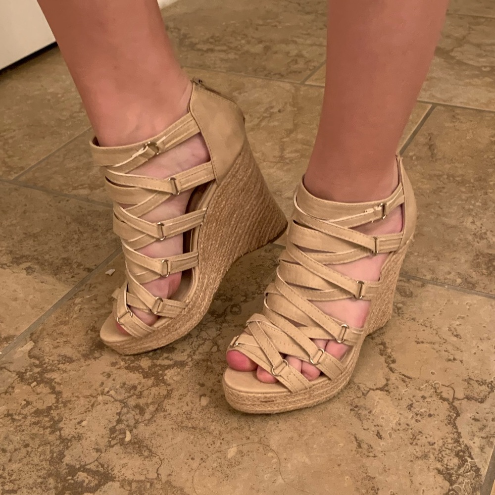 Beige espadrille wedges